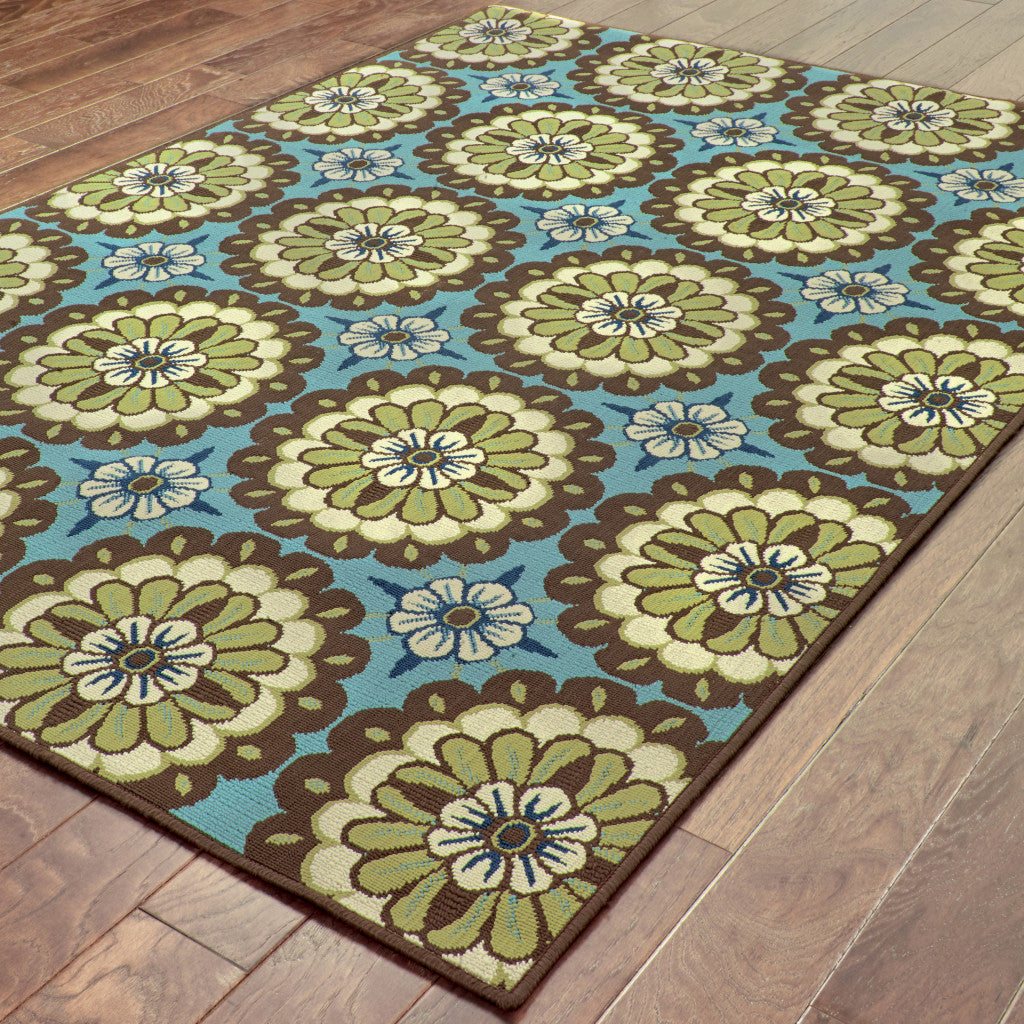 5' X 8' Blue and Green Floral Stain Resistant Indoor Outdoor Area Rug