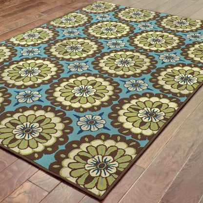 7' X 10' Blue and Green Floral Stain Resistant Indoor Outdoor Area Rug