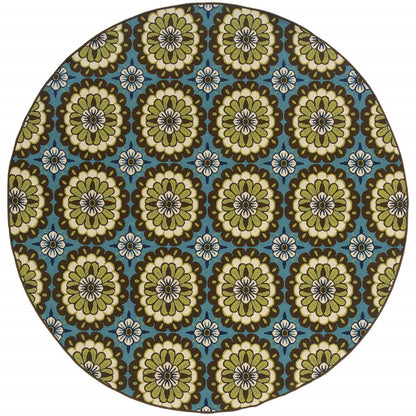 8' X 8' Blue and Green Round Floral Stain Resistant Indoor Outdoor Area Rug