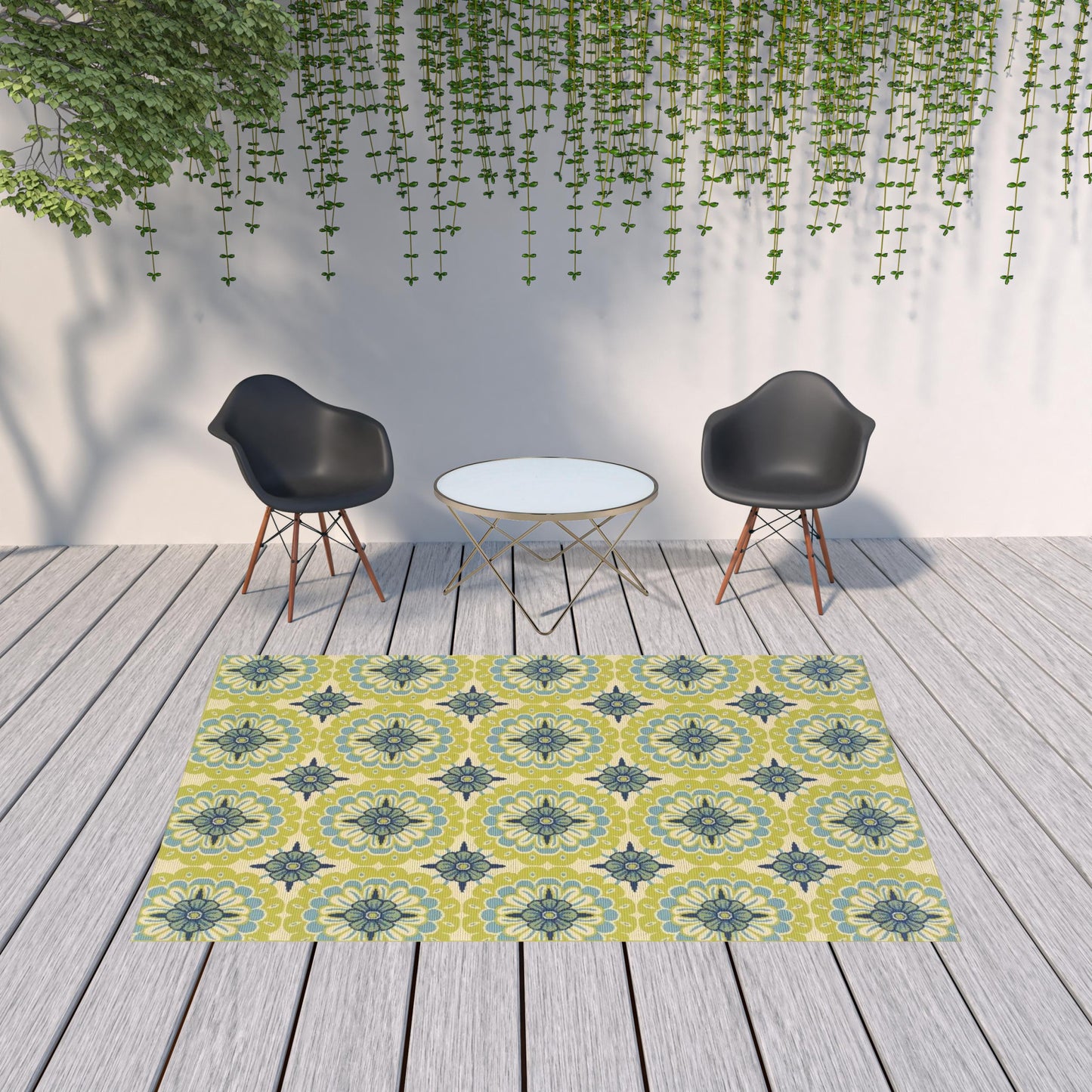 7' X 10' Green and Ivory Floral Stain Resistant Indoor Outdoor Area Rug