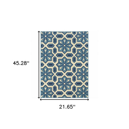 2' X 4' Ivory and Blue Geometric Stain Resistant Indoor Outdoor Area Rug