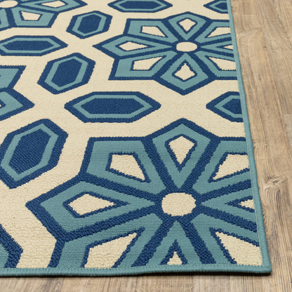 2' X 8' Ivory and Blue Geometric Stain Resistant Indoor Outdoor Area Rug