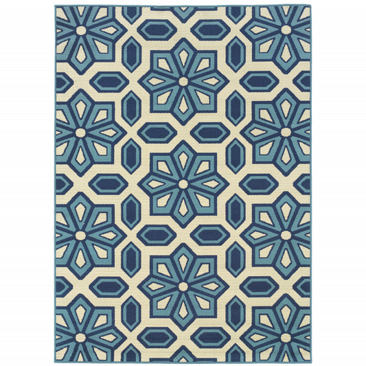 2' X 4' Ivory and Blue Geometric Stain Resistant Indoor Outdoor Area Rug