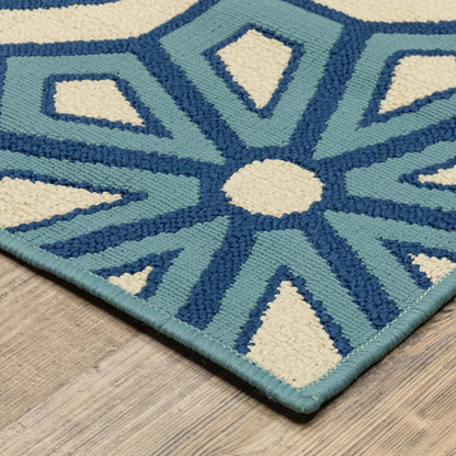 4' X 6' Ivory and Blue Geometric Stain Resistant Indoor Outdoor Area Rug