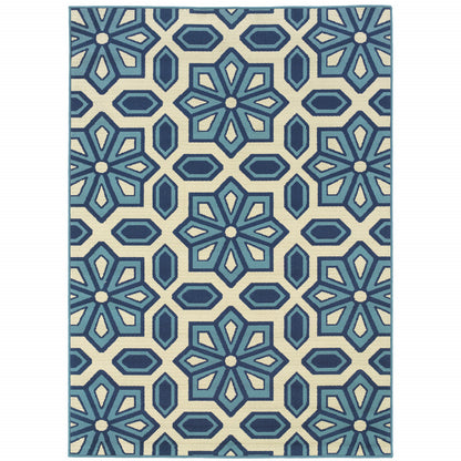 7' X 10' Ivory and Blue Geometric Stain Resistant Indoor Outdoor Area Rug