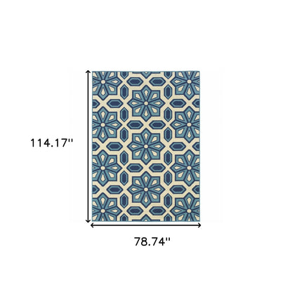 7' X 10' Ivory and Blue Geometric Stain Resistant Indoor Outdoor Area Rug