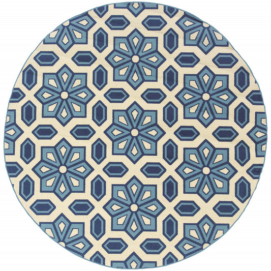 8' X 8' Ivory and Blue Round Geometric Stain Resistant Indoor Outdoor Area Rug