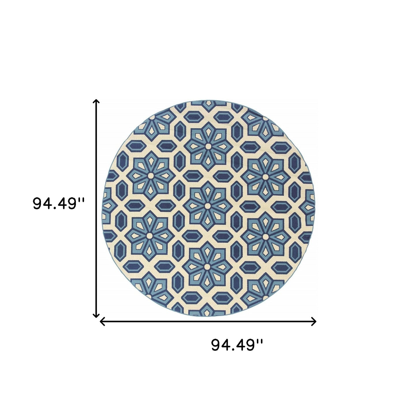 8' X 8' Ivory and Blue Round Geometric Stain Resistant Indoor Outdoor Area Rug