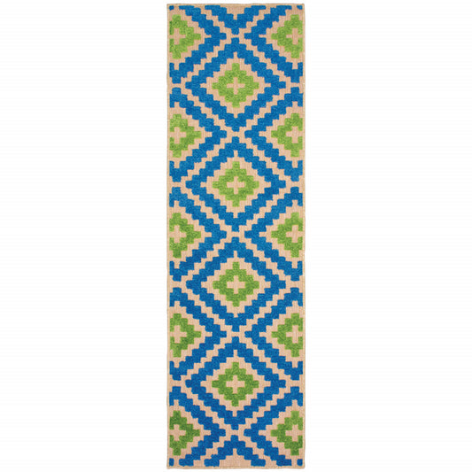 2' X 8' Blue and Beige Geometric Stain Resistant Indoor Outdoor Area Rug