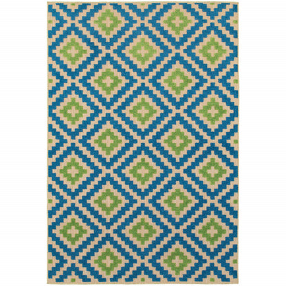 4' X 5' Blue and Beige Geometric Stain Resistant Indoor Outdoor Area Rug