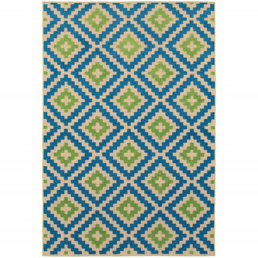 4' X 5' Blue and Beige Geometric Stain Resistant Indoor Outdoor Area Rug