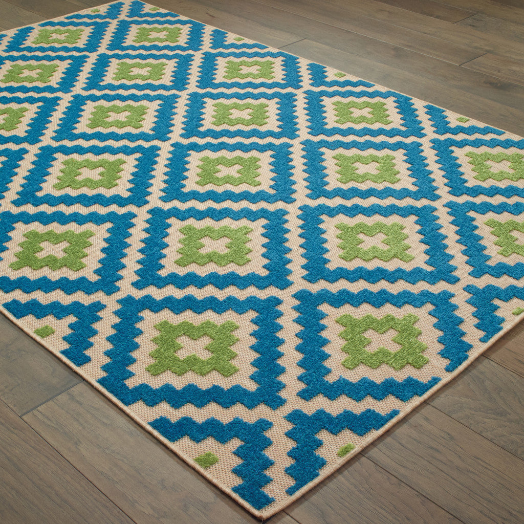 4' X 5' Blue and Beige Geometric Stain Resistant Indoor Outdoor Area Rug