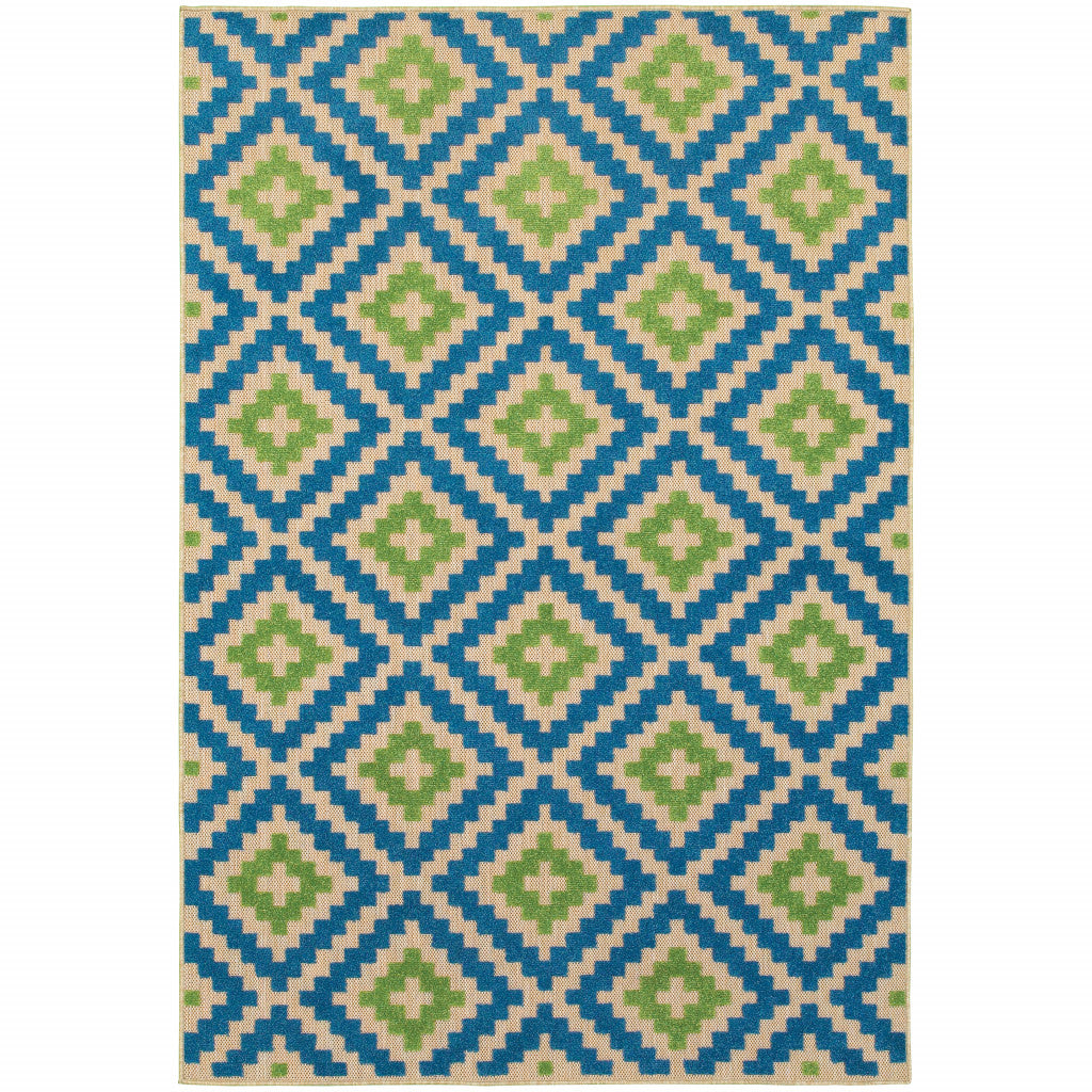 5' X 8' Blue and Beige Geometric Stain Resistant Indoor Outdoor Area Rug