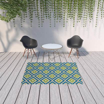 5' X 8' Blue and Beige Geometric Stain Resistant Indoor Outdoor Area Rug