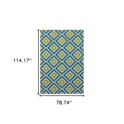 7' X 10' Blue and Beige Geometric Stain Resistant Indoor Outdoor Area Rug