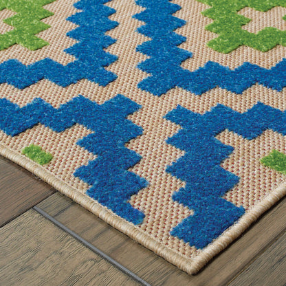 10' X 13' Blue and Beige Geometric Stain Resistant Indoor Outdoor Area Rug