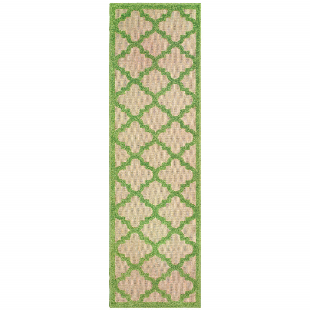 2' X 8' Green Geometric Stain Resistant Indoor Outdoor Area Rug