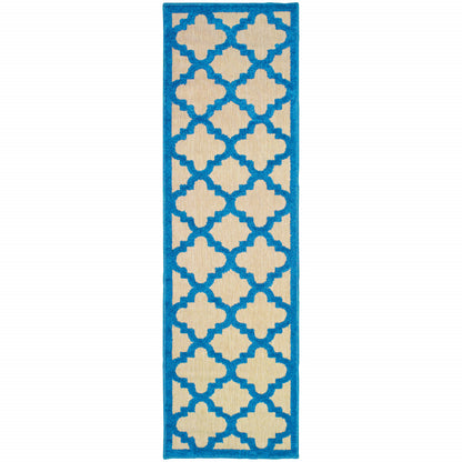 2' X 8' Blue and Beige Geometric Stain Resistant Indoor Outdoor Area Rug