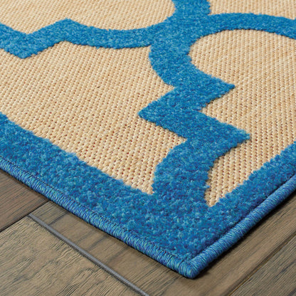 2' X 8' Blue and Beige Geometric Stain Resistant Indoor Outdoor Area Rug