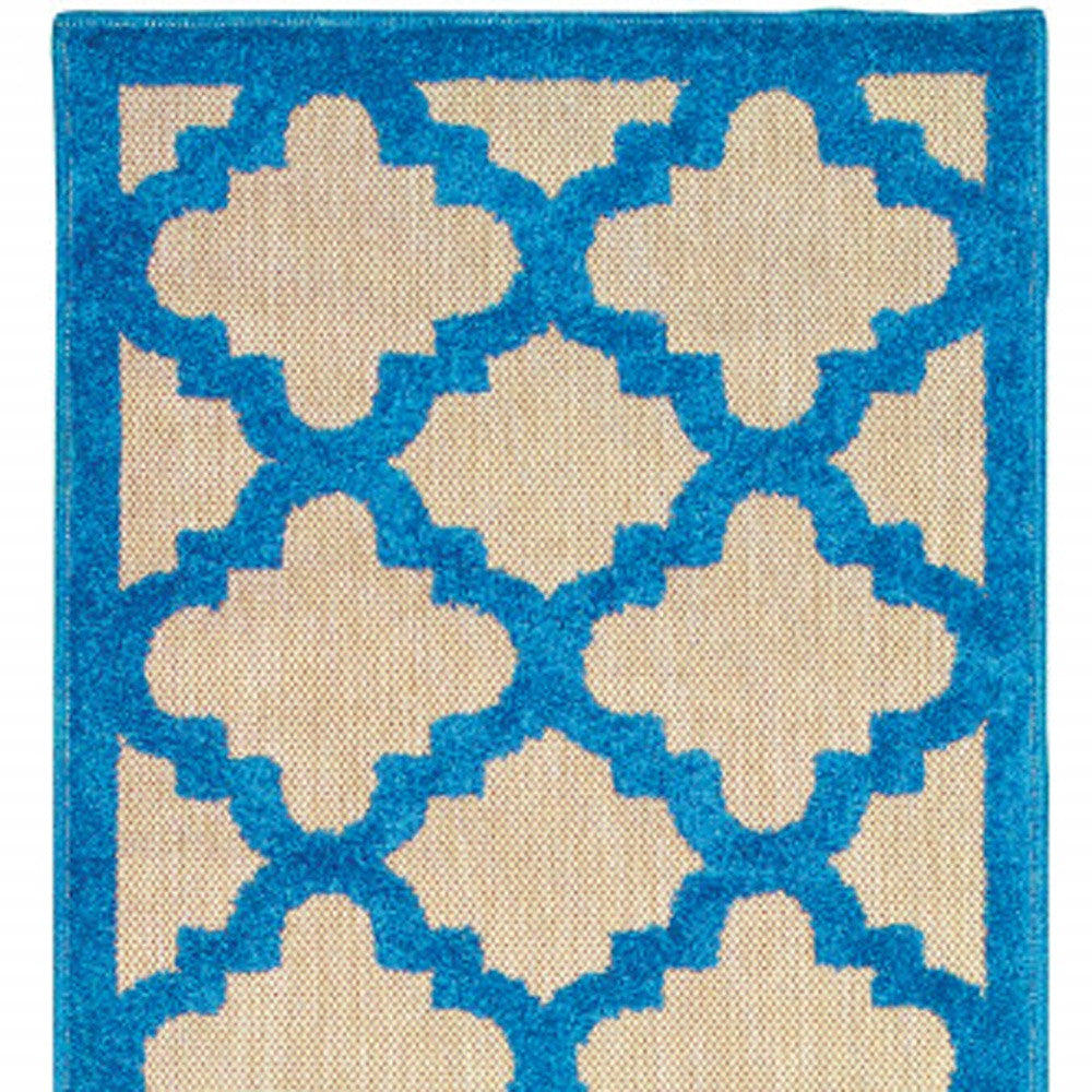 2' X 8' Blue and Beige Geometric Stain Resistant Indoor Outdoor Area Rug