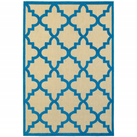 4' X 5' Blue and Beige Geometric Stain Resistant Indoor Outdoor Area Rug