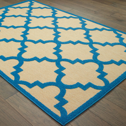 4' X 5' Blue and Beige Geometric Stain Resistant Indoor Outdoor Area Rug