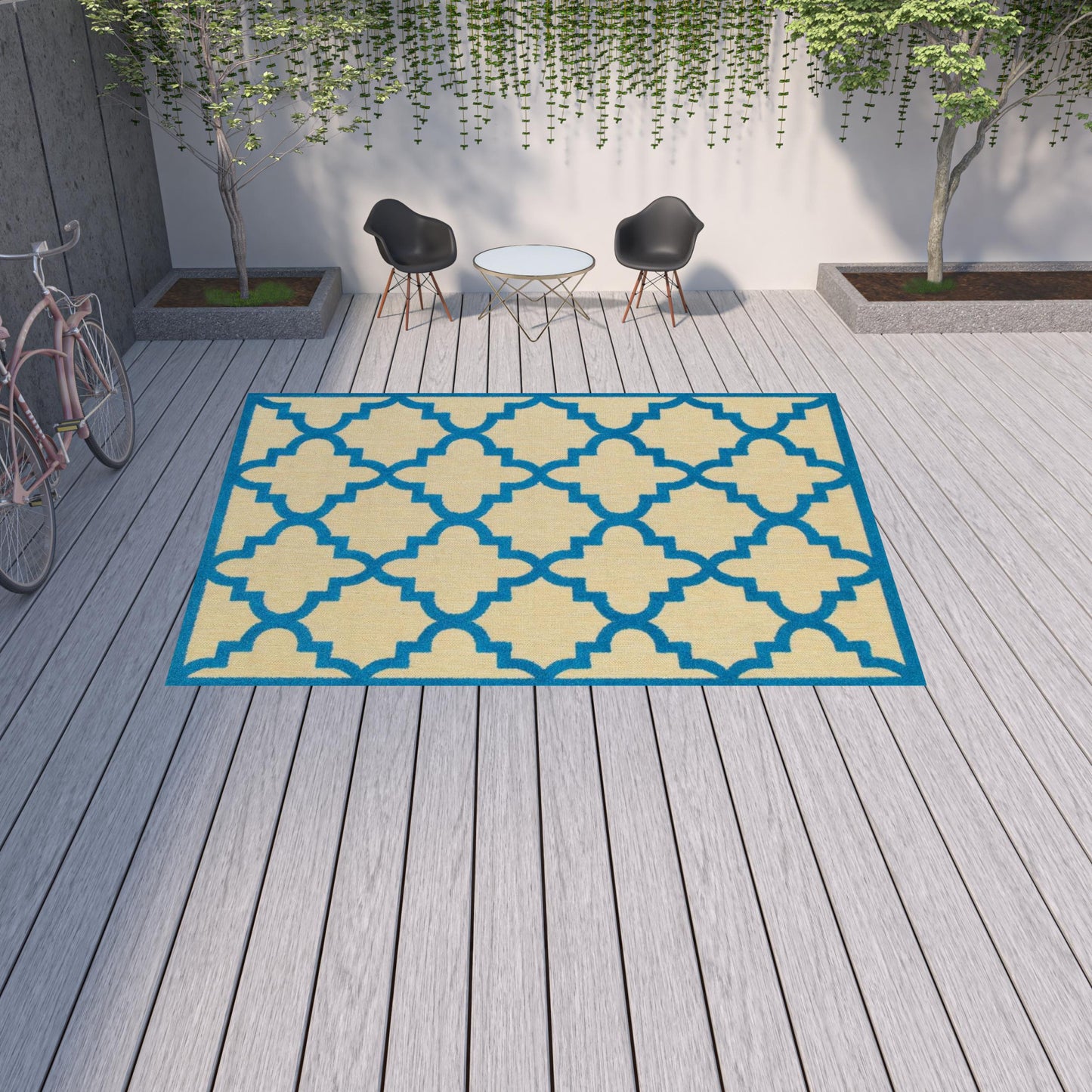 10' X 13' Blue and Beige Geometric Stain Resistant Indoor Outdoor Area Rug