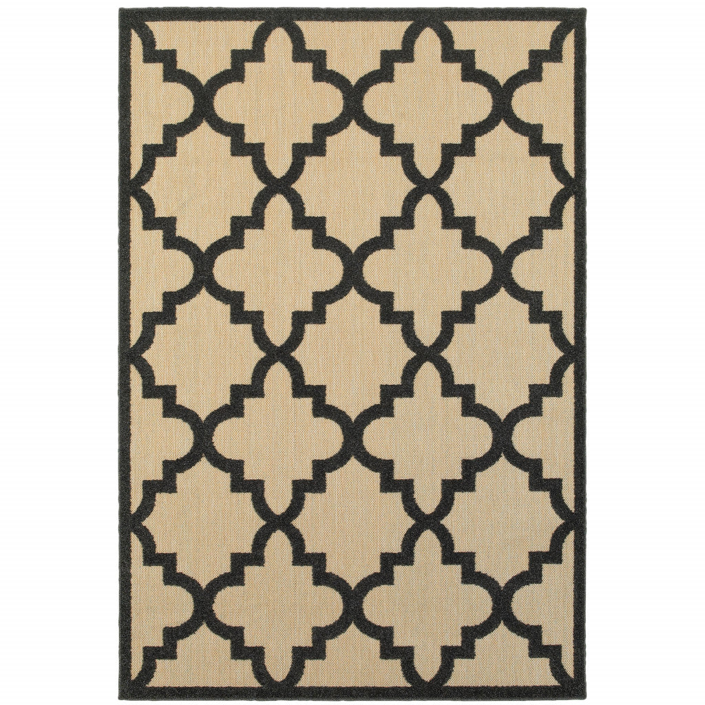 4' X 5' Beige and Black Geometric Stain Resistant Indoor Outdoor Area Rug