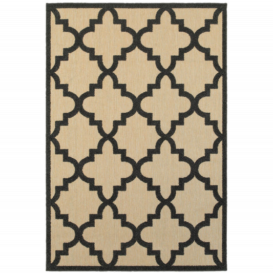 7' X 10' Beige and Black Geometric Stain Resistant Indoor Outdoor Area Rug