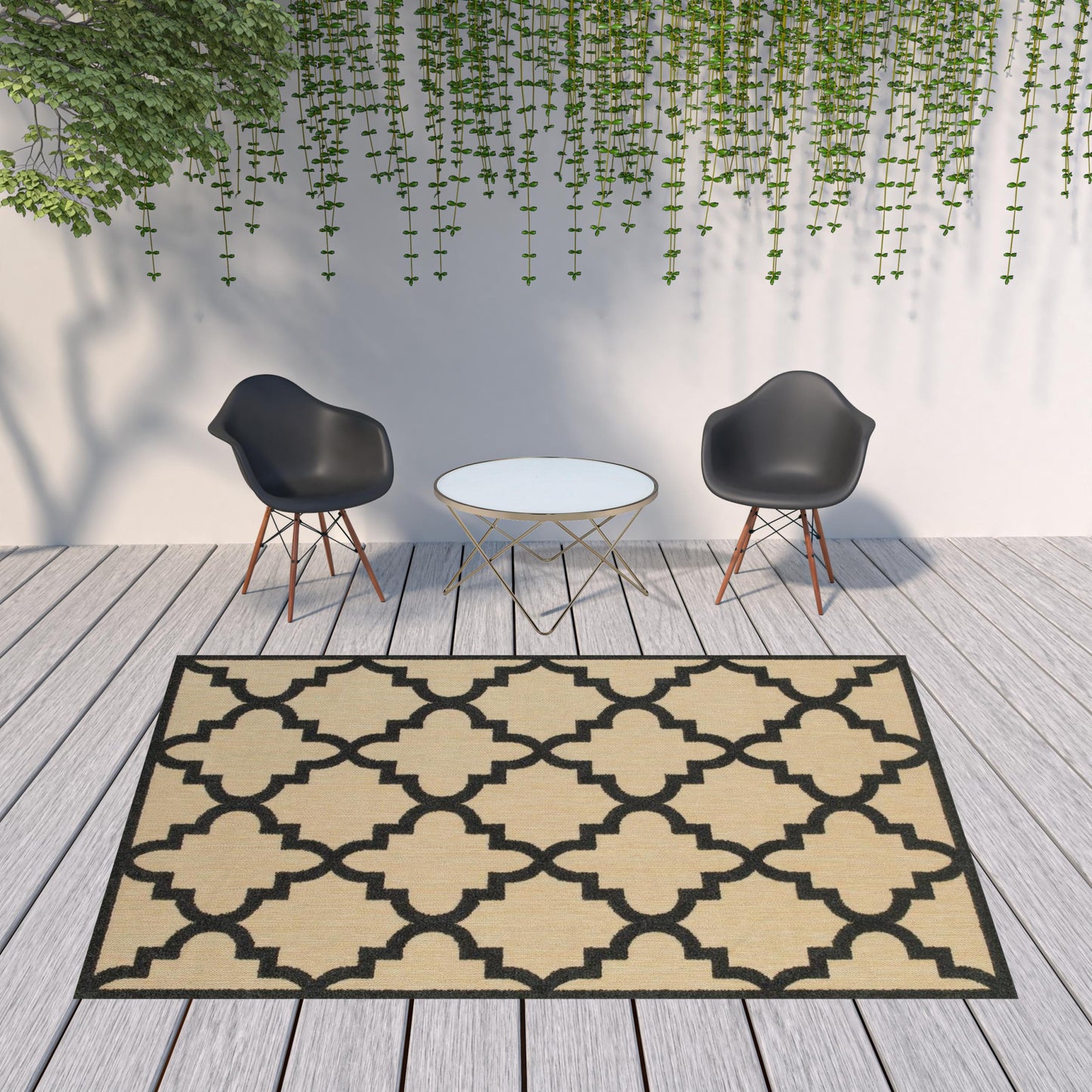 8' X 11' Beige and Black Geometric Stain Resistant Indoor Outdoor Area Rug