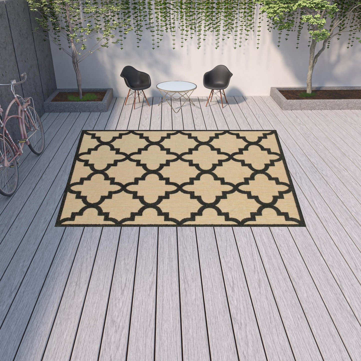 10' X 13' Beige and Black Geometric Stain Resistant Indoor Outdoor Area Rug