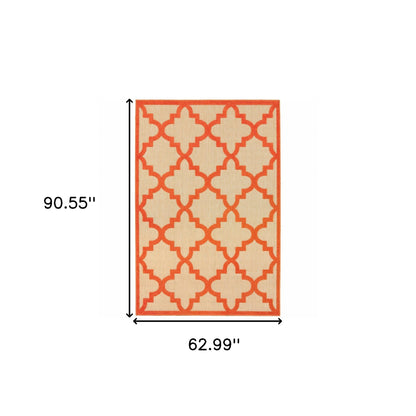 5' X 8' Orange Geometric Stain Resistant Indoor Outdoor Area Rug