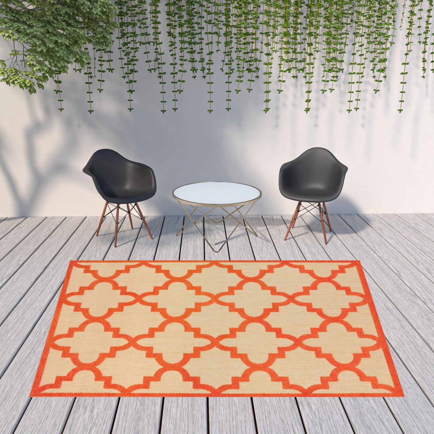 8' X 11' Orange Geometric Stain Resistant Indoor Outdoor Area Rug