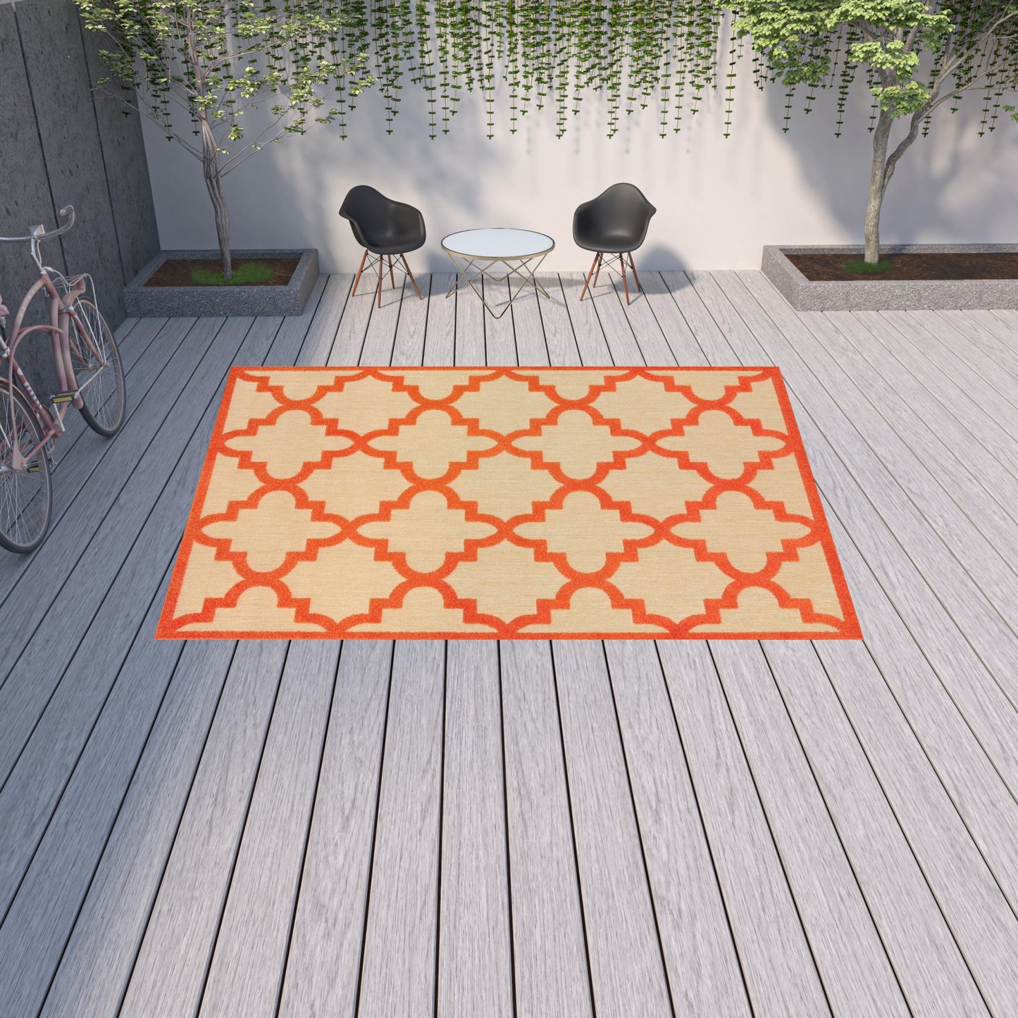 10' X 13' Orange Geometric Stain Resistant Indoor Outdoor Area Rug