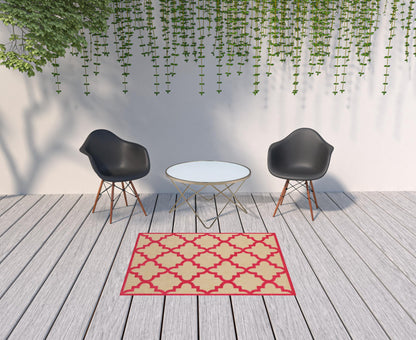 4' X 5' Red Geometric Stain Resistant Indoor Outdoor Area Rug