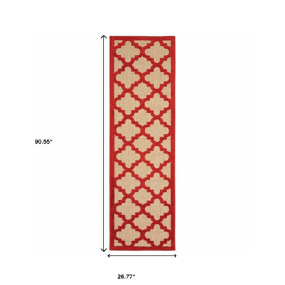 2' X 8' Red Geometric Stain Resistant Indoor Outdoor Area Rug