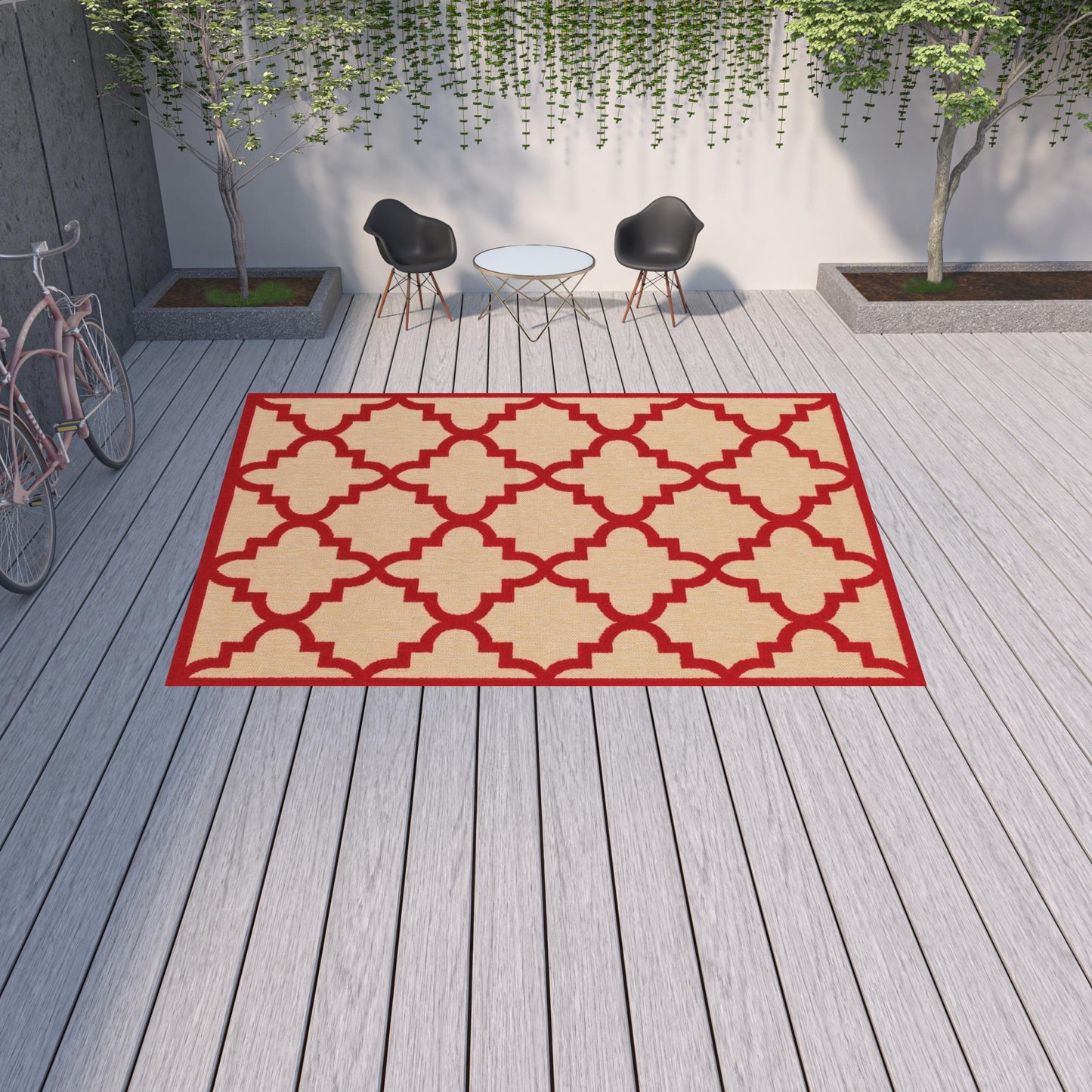 10' X 13' Red Geometric Stain Resistant Indoor Outdoor Area Rug