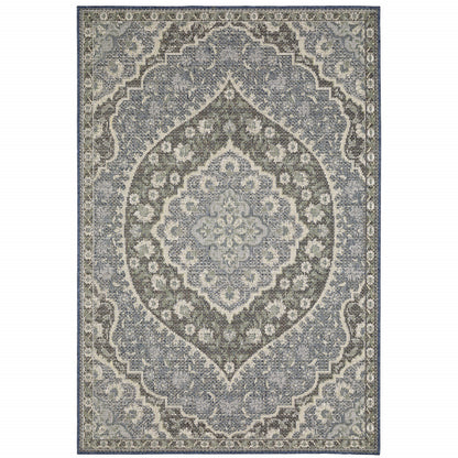 10' X 13' Blue and Green Oriental Stain Resistant Indoor Outdoor Area Rug