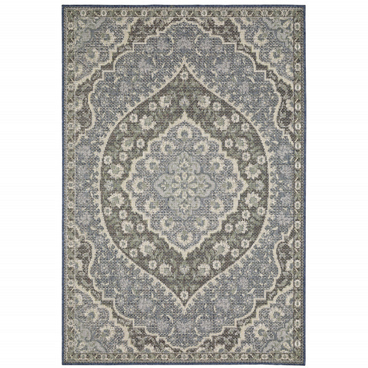 10' X 13' Blue and Green Oriental Stain Resistant Indoor Outdoor Area Rug