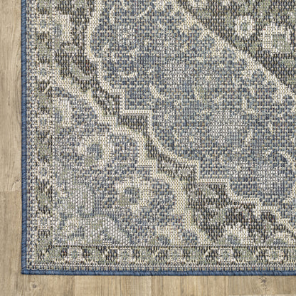 10' X 13' Blue and Green Oriental Stain Resistant Indoor Outdoor Area Rug