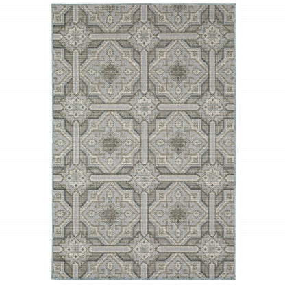 10' X 13' Blue and Gray Geometric Stain Resistant Indoor Outdoor Area Rug