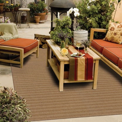 7' X 10' Tan Striped Stain Resistant Indoor Outdoor Area Rug