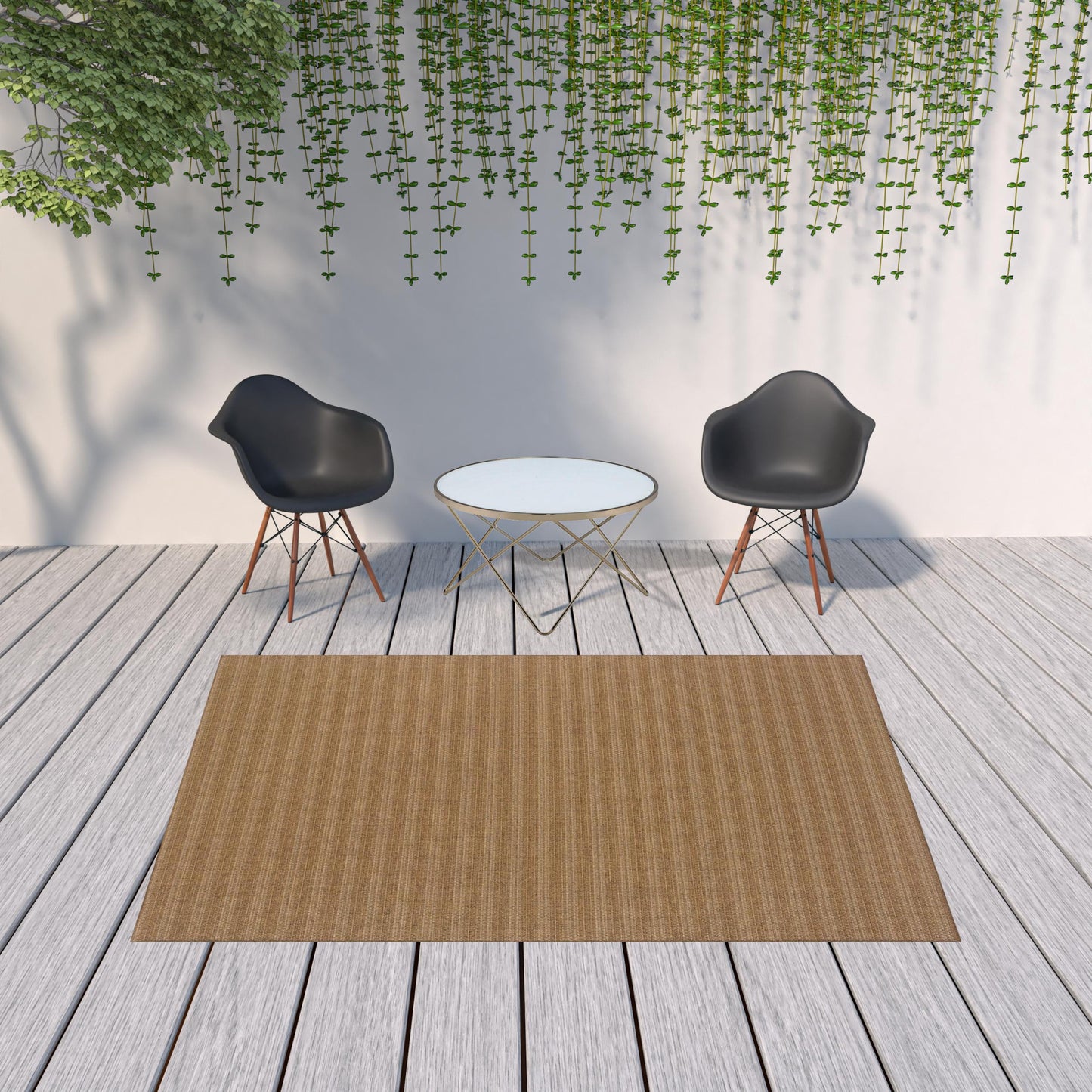 7' X 10' Tan Striped Stain Resistant Indoor Outdoor Area Rug