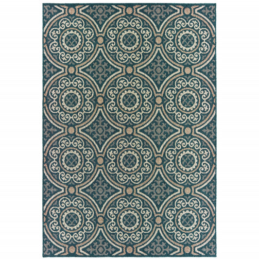 3' X 5' Blue and Gray Geometric Stain Resistant Indoor Outdoor Area Rug