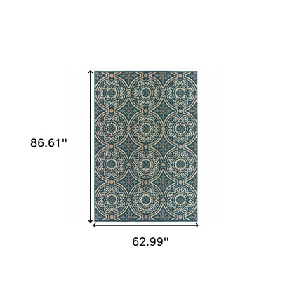 5' X 7' Blue and Gray Geometric Stain Resistant Indoor Outdoor Area Rug