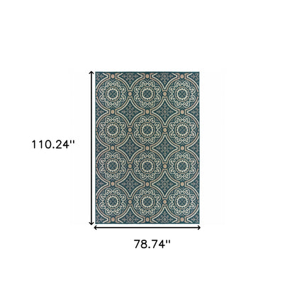 7' X 9' Blue and Gray Geometric Stain Resistant Indoor Outdoor Area Rug