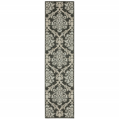 2' X 8' Gray Floral Stain Resistant Indoor Outdoor Area Rug