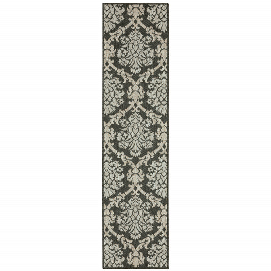 2' X 8' Gray Floral Stain Resistant Indoor Outdoor Area Rug