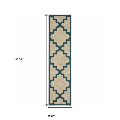 2' X 8' Blue and Gray Geometric Stain Resistant Indoor Outdoor Area Rug