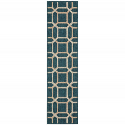 2' X 8' Blue and Gray Geometric Stain Resistant Indoor Outdoor Area Rug